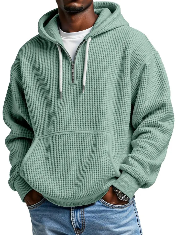 Men's Casual Solid Color Waffle Zipper  Sleeve Hooded Sweatshirt