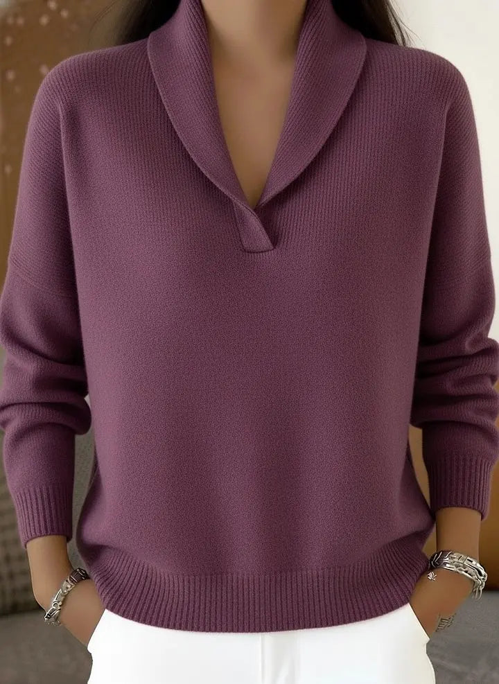 Women's Elegant 80s Shawl Collar Solid Color Pullover Sweater Top