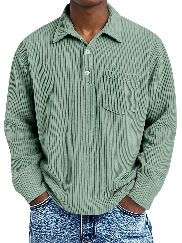 🔥Men's Simple Solid Color Pit Lapel Button Long Sleeve POLO Shirt