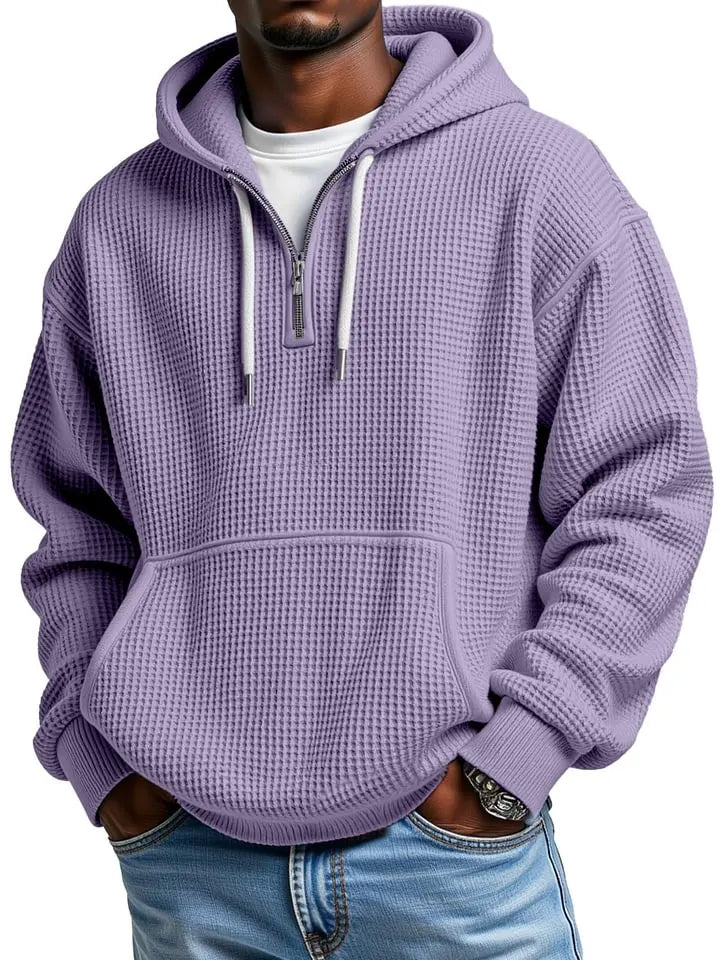 Men's Casual Solid Color Waffle Zipper  Sleeve Hooded Sweatshirt