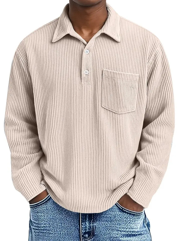 🔥Men's Simple Solid Color Pit Lapel Button Long Sleeve POLO Shirt