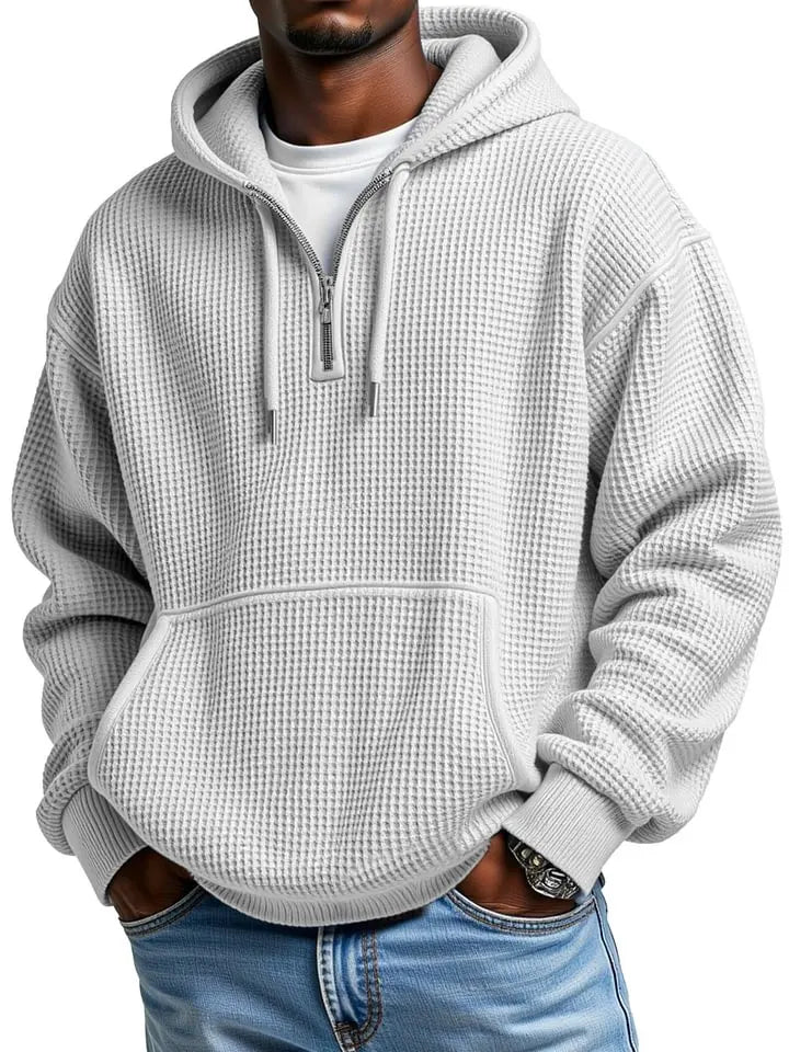 Men's Casual Solid Color Waffle Zipper  Sleeve Hooded Sweatshirt