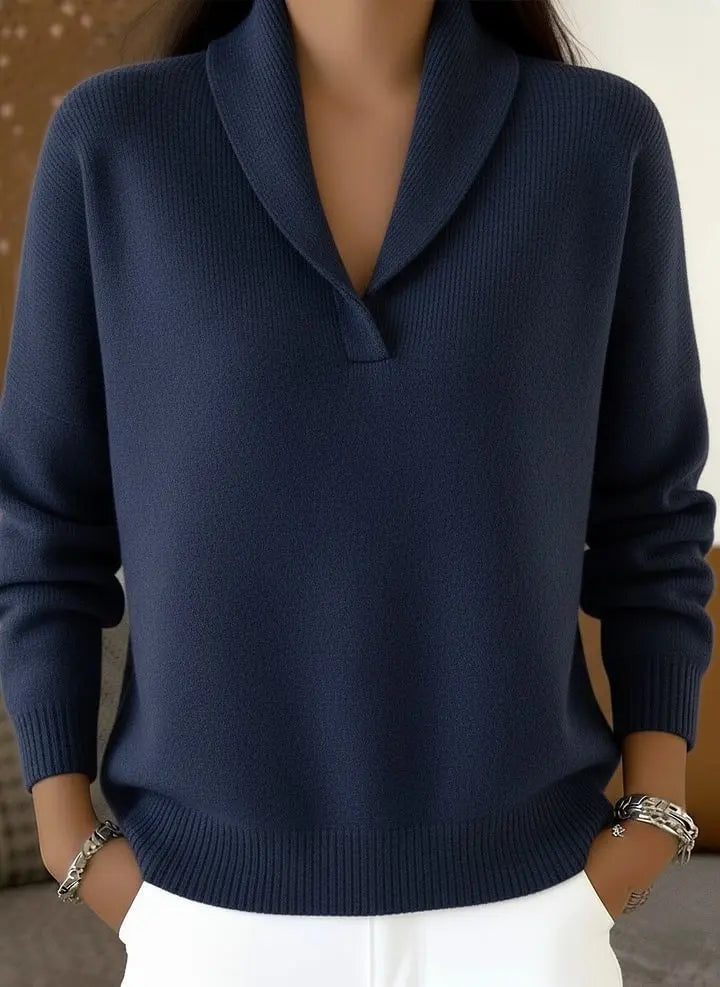 Women's Elegant 80s Shawl Collar Solid Color Pullover Sweater Top