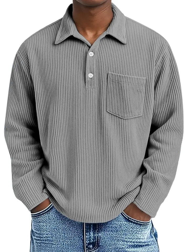 🔥Men's Simple Solid Color Pit Lapel Button Long Sleeve POLO Shirt
